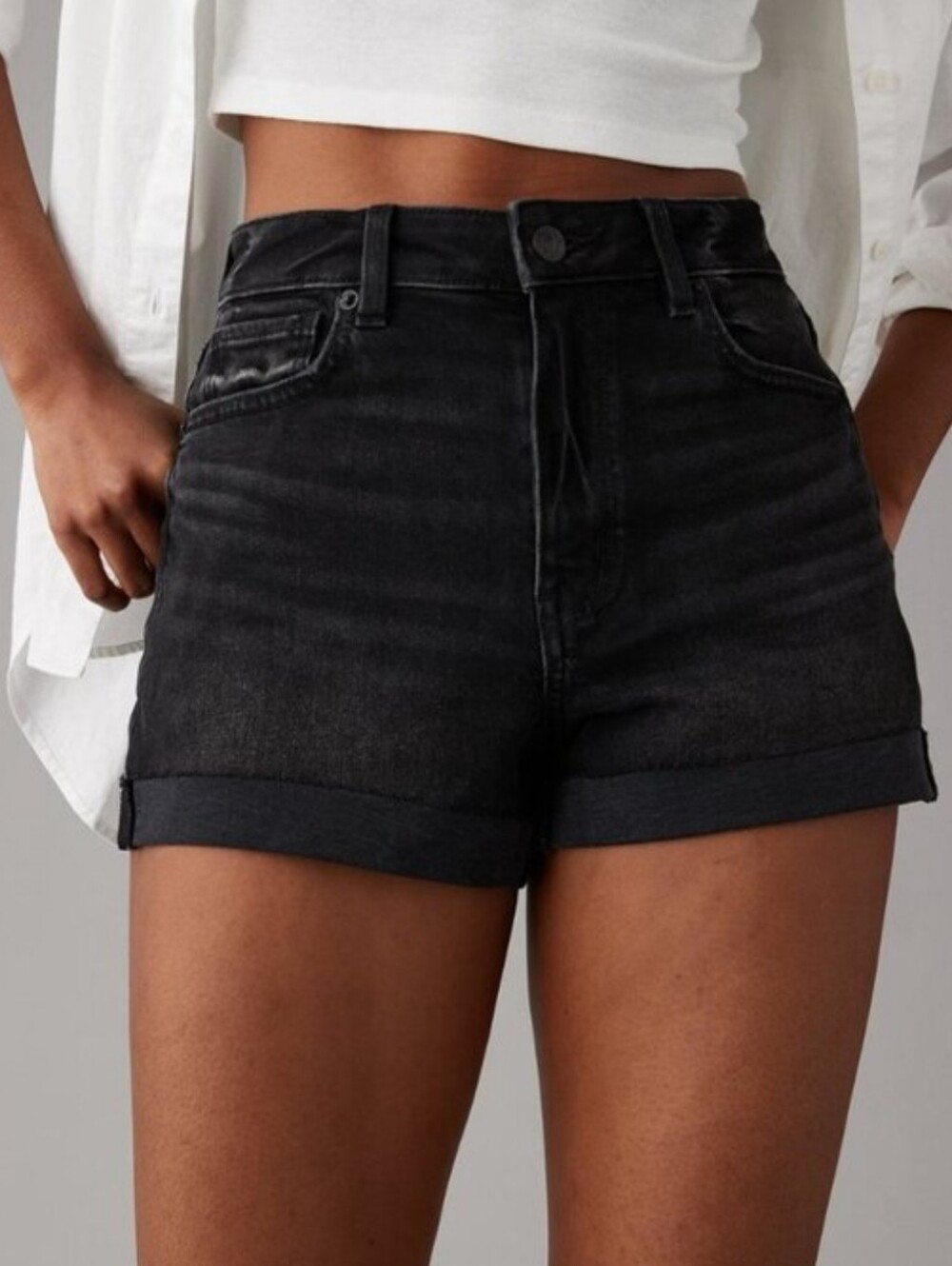 American Eagle Outfitters High-Rise Black Denim Curvy Mom Shorts